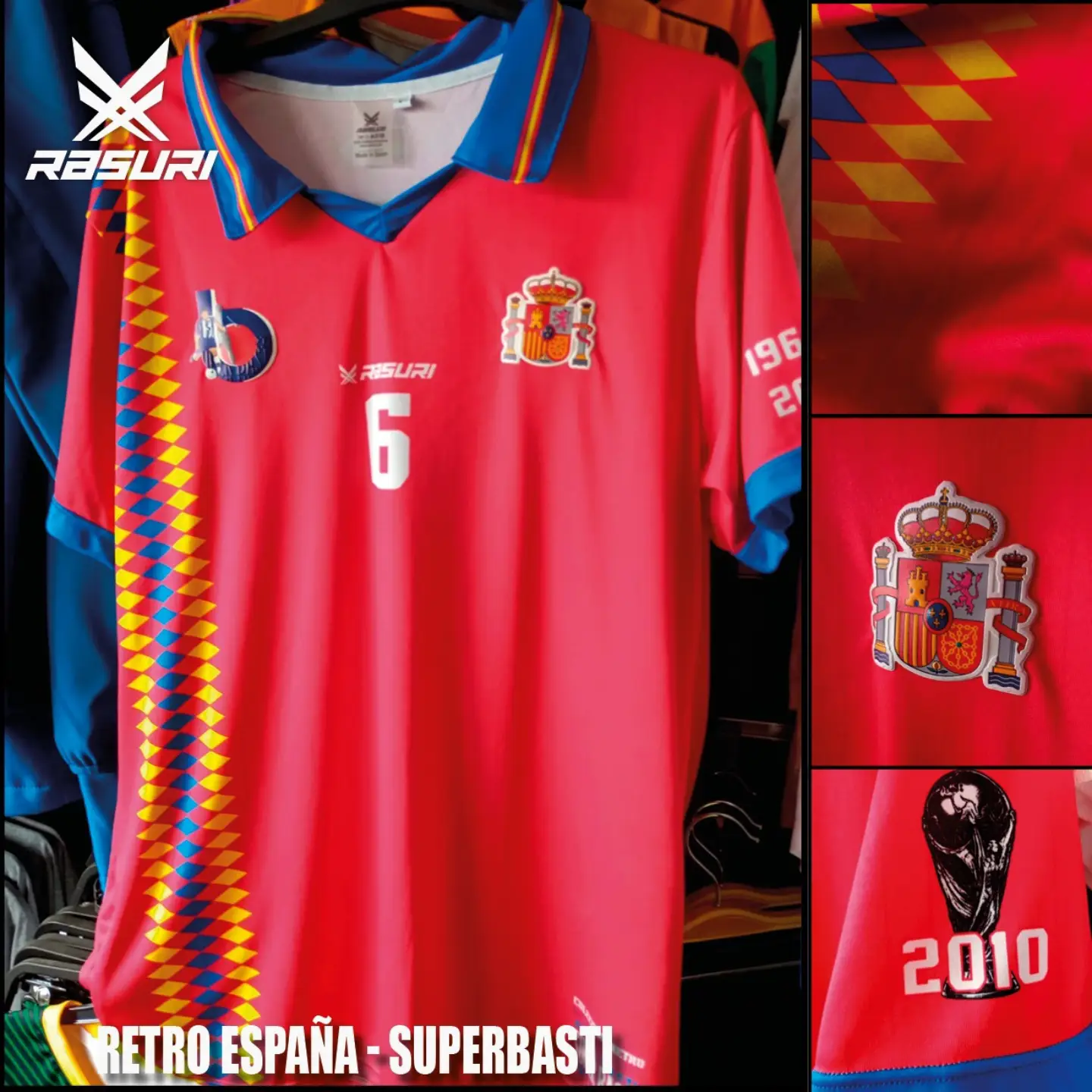 Camiseta roja de inspiración retro para España, con detalles azules y amarillos