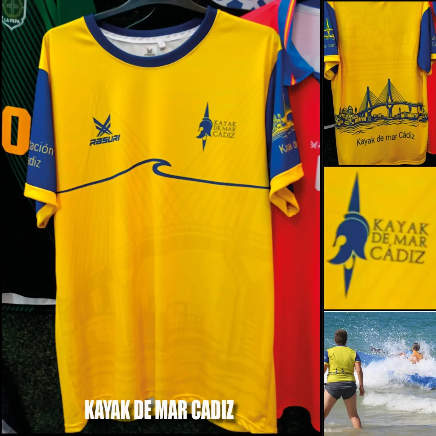 Camiseta amarilla de Kayak de Mar Cádiz con un diseño inspirado en la costa