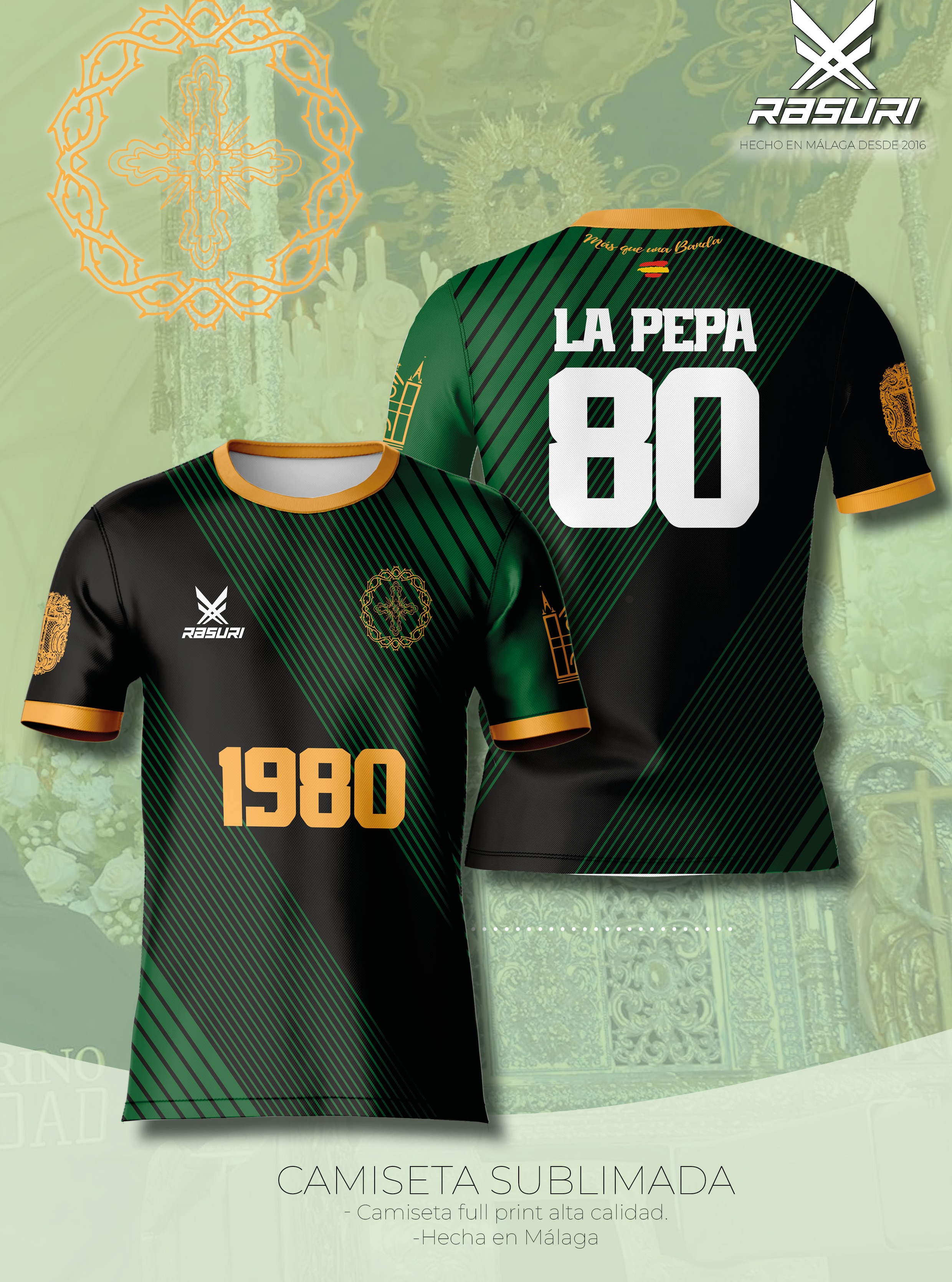 Diseño de camiseta Rasuri verde y negra para La Pepa, con nombre y número personalizados