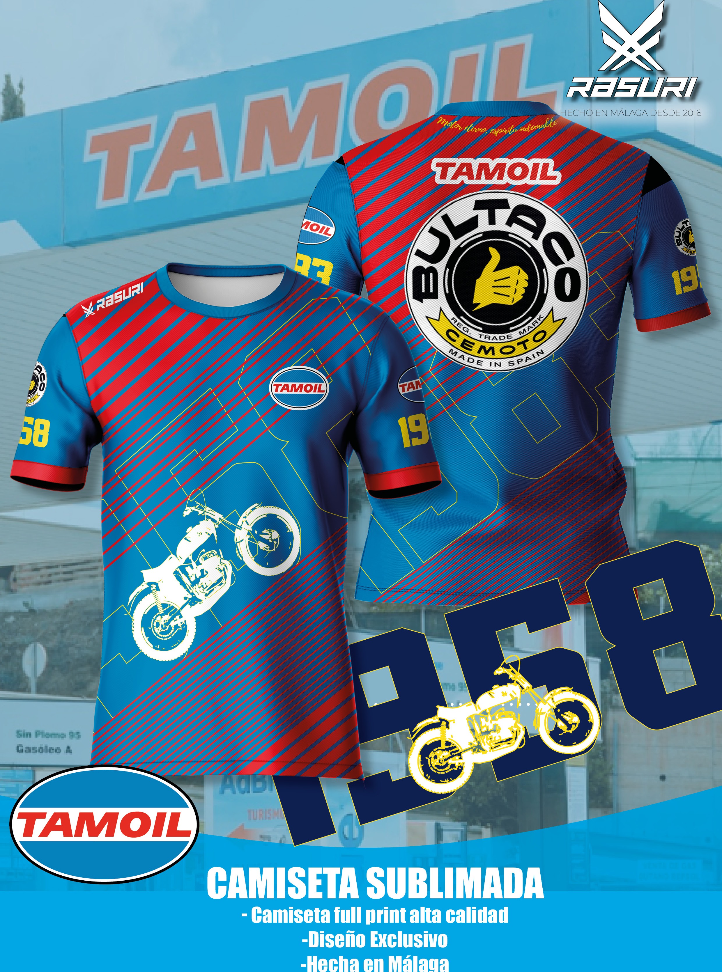 Diseño de camiseta Rasuri azul y roja para Tamoil Cemoto, con gráfica de motociclismo